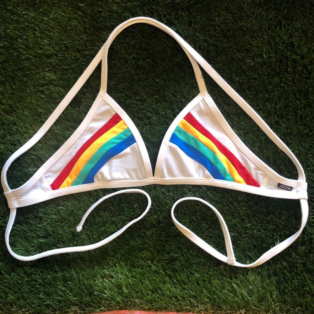 Jolyn Clothing White Bikini top with Rainbow Stripes